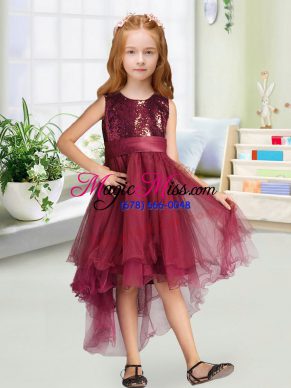 Burgundy Zipper Scoop Sequins and Bowknot Toddler Flower Girl Dress Organza Sleeveless