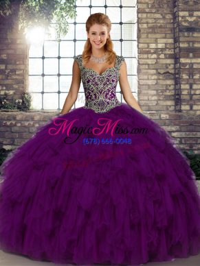 Most Popular Purple Lace Up Vestidos de Quinceanera Beading and Ruffles Sleeveless Floor Length