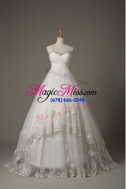 White Sweetheart Lace Up Beading and Lace and Hand Made Flower Wedding Dress Court Train Sleeveless