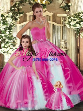 Fabulous Hot Pink Ball Gowns Tulle Sweetheart Sleeveless Ruffles Floor Length Lace Up Vestidos de Quinceanera