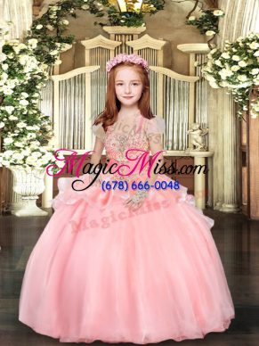 Exquisite Pink Sleeveless Organza Lace Up Little Girl Pageant Gowns for Party and Wedding Party