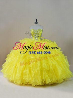 Flare Yellow Ball Gowns Beading and Ruffles Quinceanera Gown Lace Up Organza Sleeveless Floor Length