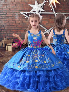 Trendy Sleeveless Floor Length Embroidery and Ruffled Layers Lace Up Little Girl Pageant Dress with Royal Blue