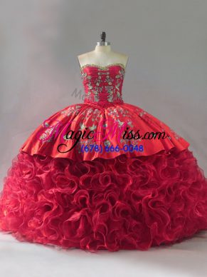Red Quince Ball Gowns Fabric With Rolling Flowers Brush Train Sleeveless Embroidery