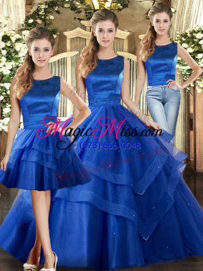 Fancy Floor Length Three Pieces Sleeveless Royal Blue 15 Quinceanera Dress Lace Up