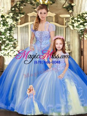 Fancy Blue Ball Gowns Strapless Sleeveless Tulle Floor Length Lace Up Beading and Ruffles Sweet 16 Dresses