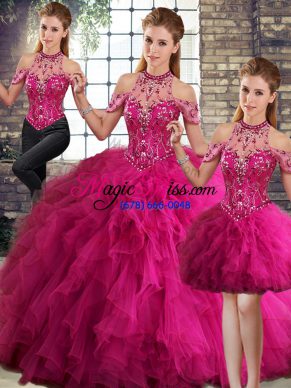 High End Tulle Sleeveless Floor Length Sweet 16 Dress and Beading and Ruffles