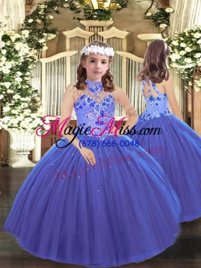 Charming Blue Ball Gowns Halter Top Sleeveless Tulle Floor Length Lace Up Appliques Little Girls Pageant Gowns