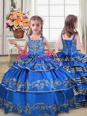 Royal Blue Sleeveless Satin Lace Up Pageant Gowns For Girls for Wedding Party