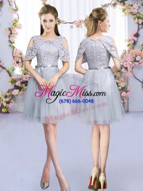 Glorious Grey Empire Tulle Scoop Sleeveless Lace and Belt Mini Length Zipper Wedding Guest Dresses