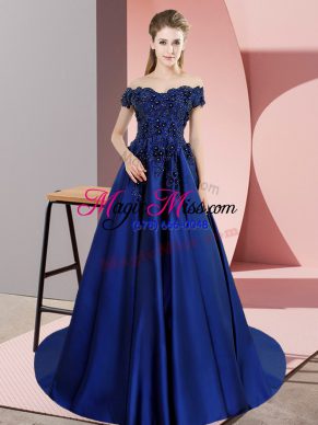 High End Blue A-line Satin Off The Shoulder Sleeveless Lace Zipper Quince Ball Gowns Court Train
