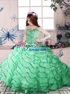 Sleeveless Organza Court Train Lace Up Pageant Dresses in Apple Green with Beading and Ruffled Layers