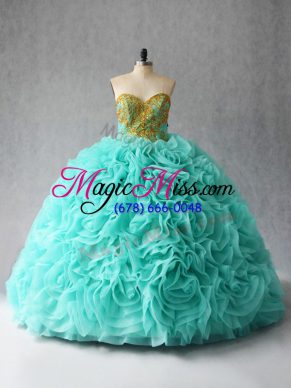 Romantic Fabric With Rolling Flowers Sweetheart Sleeveless Court Train Lace Up Beading and Ruffles Quinceanera Gown in Aqua Blue