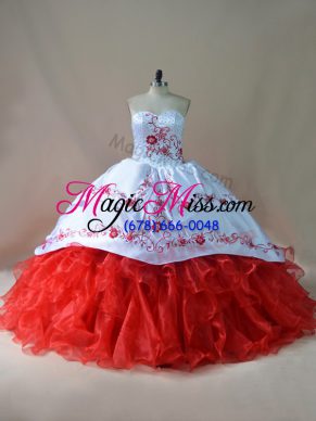 White And Red Sleeveless Satin and Organza Court Train Lace Up Quince Ball Gowns for Sweet 16 and Quinceanera