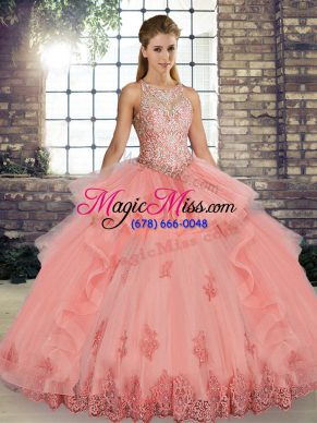 Custom Made Watermelon Red Sleeveless Floor Length Lace and Embroidery and Ruffles Lace Up Quinceanera Dresses