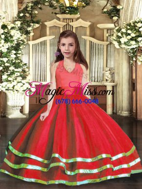 Red Sleeveless Floor Length Ruffled Layers Lace Up Girls Pageant Dresses