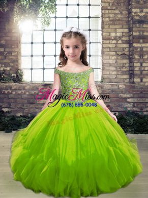 On Sale Tulle Off The Shoulder Sleeveless Lace Up Beading Girls Pageant Dresses in Green