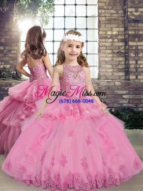 Scoop Sleeveless Child Pageant Dress Floor Length Beading and Appliques Lilac Tulle