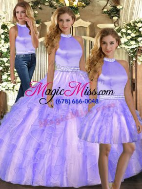 Lavender Ball Gowns Beading and Ruffles Ball Gown Prom Dress Backless Tulle Sleeveless Floor Length