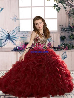 Wine Red Scoop Neckline Beading and Ruffles Little Girls Pageant Gowns Sleeveless Lace Up