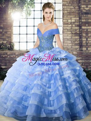 Extravagant Brush Train Ball Gowns Ball Gown Prom Dress Blue Off The Shoulder Organza Sleeveless Lace Up