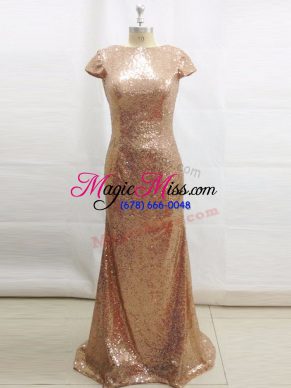 Fashionable Champagne Sequined Backless Bateau Short Sleeves Prom Gown Brush Train Sequins