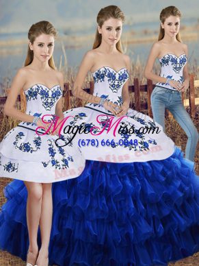Pretty Floor Length Royal Blue 15 Quinceanera Dress Organza Sleeveless Embroidery and Ruffled Layers and Bowknot