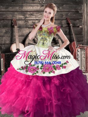 Lovely Off The Shoulder Sleeveless 15th Birthday Dress Floor Length Embroidery and Ruffles Fuchsia Satin