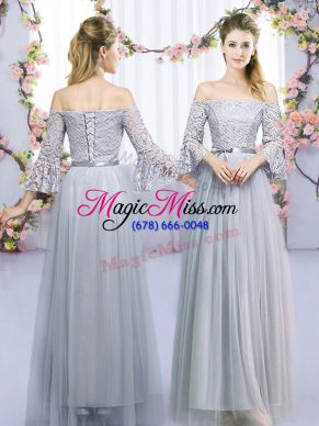 Shining Grey Empire Tulle Off The Shoulder 3 4 Length Sleeve Lace and Belt Floor Length Lace Up Wedding Party Dress