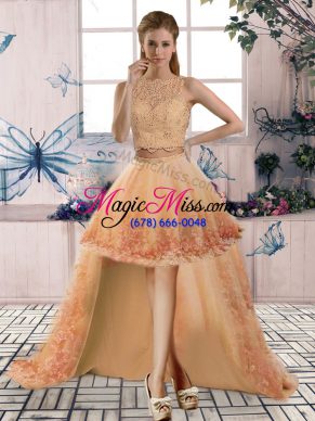 Great Gold Sleeveless High Low Beading and Lace Backless Prom Dresses