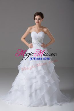 White Sweetheart Neckline Beading and Ruffled Layers Wedding Gowns Sleeveless Lace Up