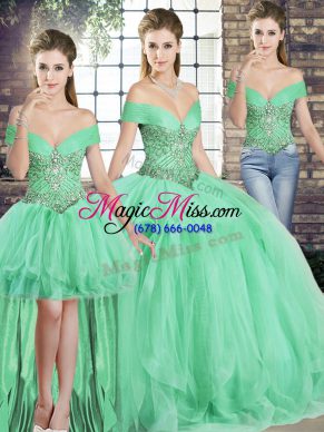 Off The Shoulder Sleeveless Lace Up Quinceanera Dresses Apple Green Tulle