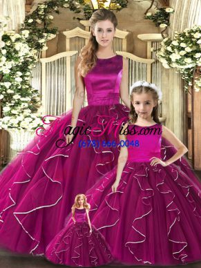 Fuchsia Ball Gowns Ruffles Quince Ball Gowns Lace Up Tulle Sleeveless Floor Length