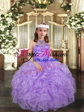 Lavender Organza Lace Up Halter Top Sleeveless Floor Length Kids Formal Wear Beading and Ruffles