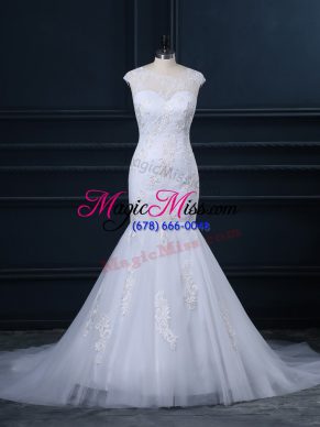 Scoop Sleeveless Wedding Dresses Brush Train Lace White Tulle