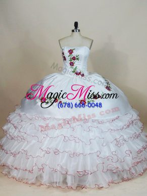 White Sleeveless Embroidery and Ruffled Layers Floor Length Ball Gown Prom Dress