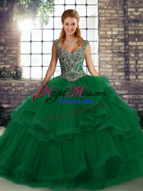 Popular Ball Gowns 15 Quinceanera Dress Green Straps Tulle Sleeveless Floor Length Lace Up