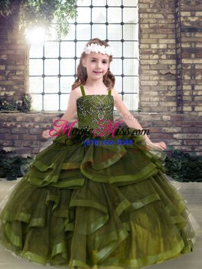 Floor Length Ball Gowns Sleeveless Olive Green Kids Pageant Dress Lace Up