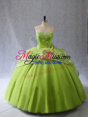Sleeveless Appliques and Ruffles Lace Up Ball Gown Prom Dress with Yellow Green Brush Train