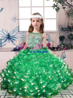 Green Organza Lace Up Little Girl Pageant Dress Sleeveless Floor Length Beading and Ruffles