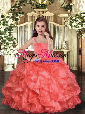 Trendy Coral Red Little Girls Pageant Dress Party and Sweet 16 and Wedding Party with Ruffles Straps Sleeveless Lace Up