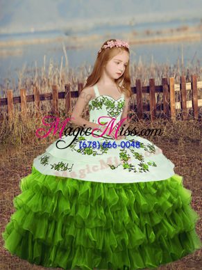 Sleeveless Organza Floor Length Lace Up Pageant Dress Wholesale in Green with Embroidery and Ruffled Layers