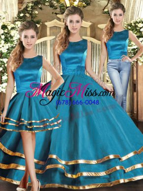 Comfortable Three Pieces Quinceanera Gown Teal Scoop Tulle Sleeveless Floor Length Lace Up