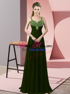 Sexy Floor Length Olive Green Prom Party Dress Chiffon Sleeveless Beading