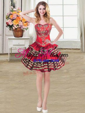 Sumptuous Taffeta Sweetheart Sleeveless Lace Up Embroidery and Ruffled Layers Prom Evening Gown in Wine Red