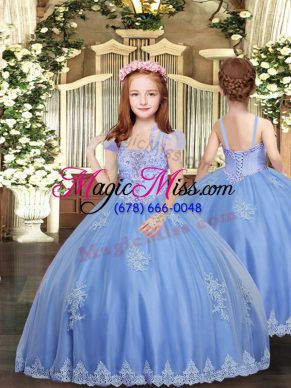 Enchanting Baby Blue Sleeveless Appliques Floor Length Pageant Gowns
