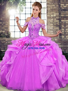 High Quality Lilac Sleeveless Organza Lace Up Quinceanera Dresses for Military Ball and Sweet 16 and Quinceanera