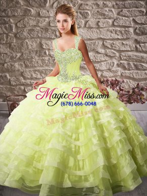 Yellow Green Ball Gowns Organza Straps Sleeveless Beading and Ruffled Layers Lace Up Ball Gown Prom Dress Court Train
