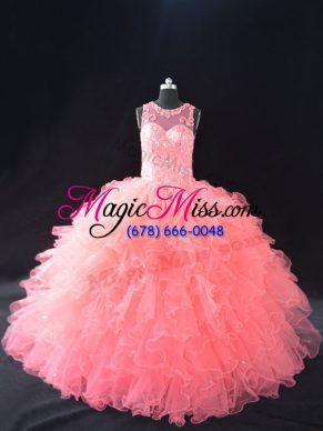 Cute Watermelon Red Organza Lace Up Scoop Sleeveless Floor Length Quinceanera Gowns Beading and Ruffles