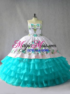 Enchanting Sleeveless Organza Floor Length Lace Up Quinceanera Dresses in Blue And White with Embroidery and Ruffled Layers